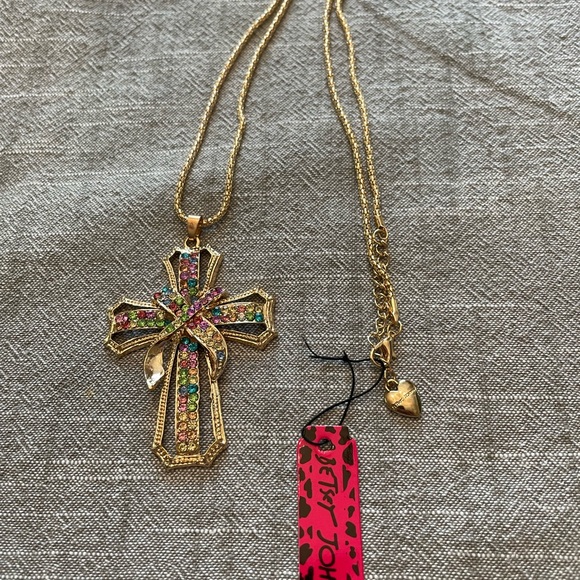 Gold Cross Pendant Necklace with Multicolor Gems - Picture 4 of 10